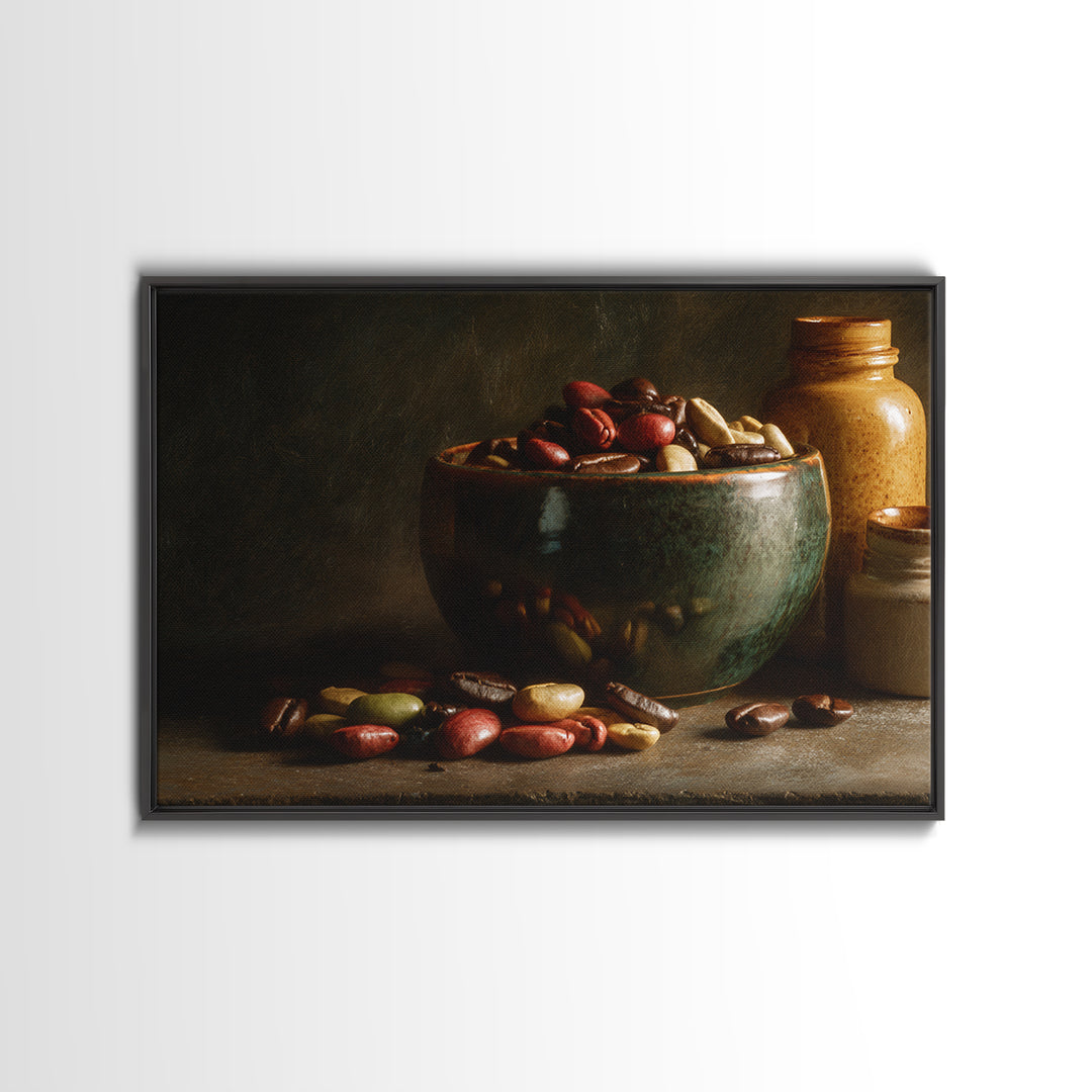 Roasted Beans Falling Through Dark Space Framed Canvas Print, Coffee Shop Art, Moody Wall Art, Cafe Decor, Fine Art, Cafe, CSA-3x2-24