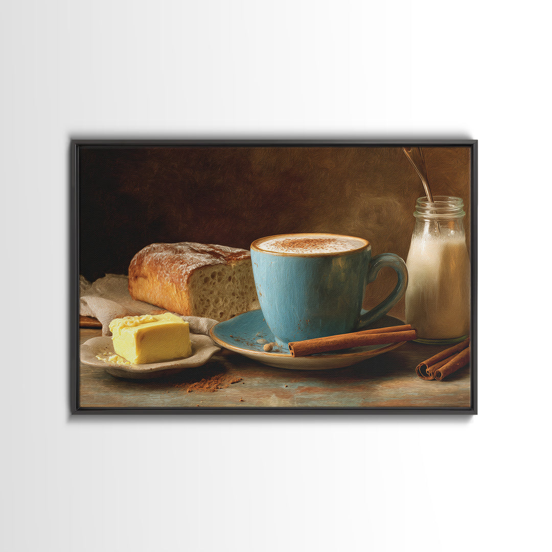 Cinnamon Sticks and Cappuccino Foam Still Life Framed Canvas Print, Coffee Shop Art, Bedroom Wall Art, Cafe Decor, Cafe, CSA-3x2-28
