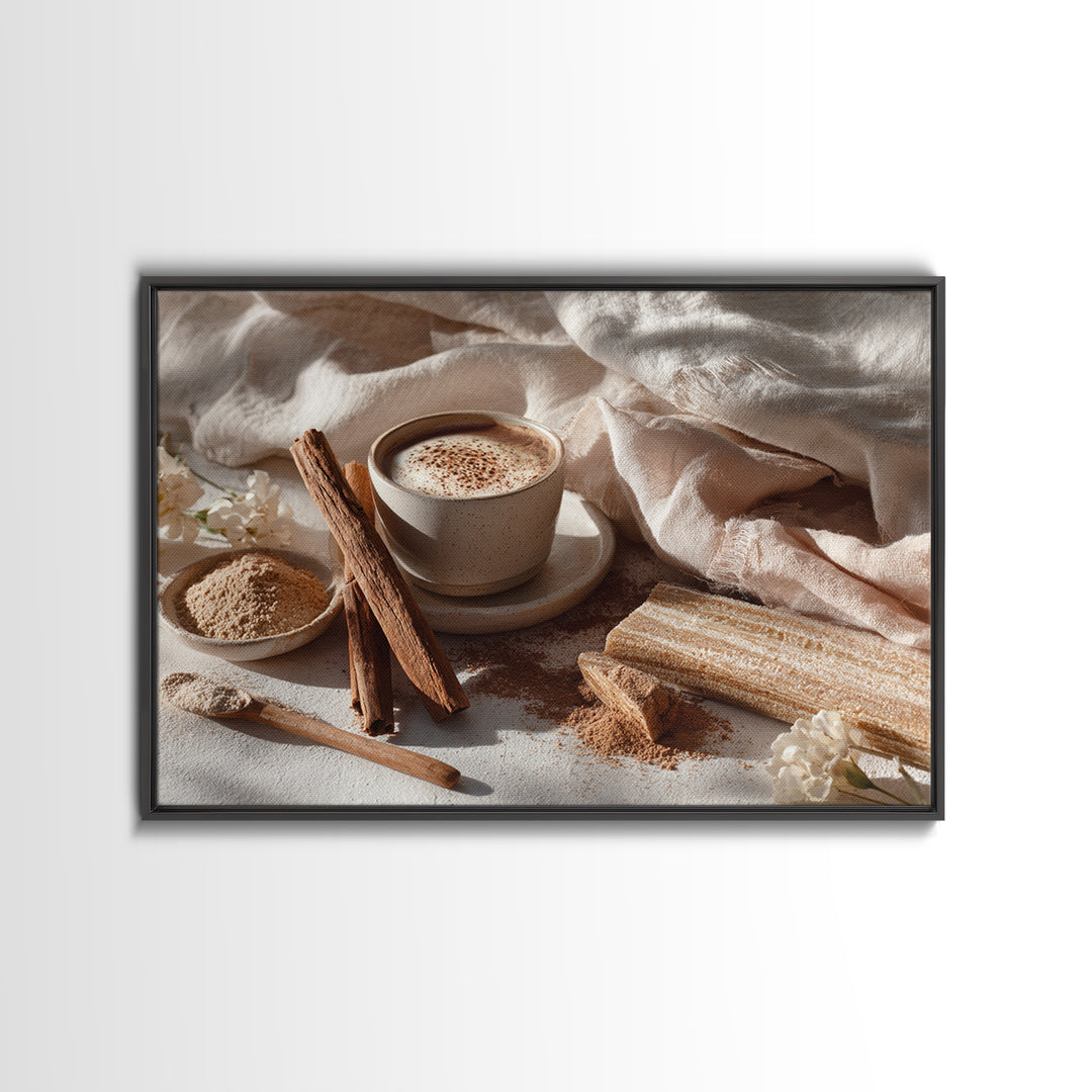 Cinnamon Sticks and Cappuccino Foam Still Life Canvas Print, Coffee Shop Art, Kitchen Gift, Cafe Decor, Oil Painting, Cafe, CSA-3x2-4