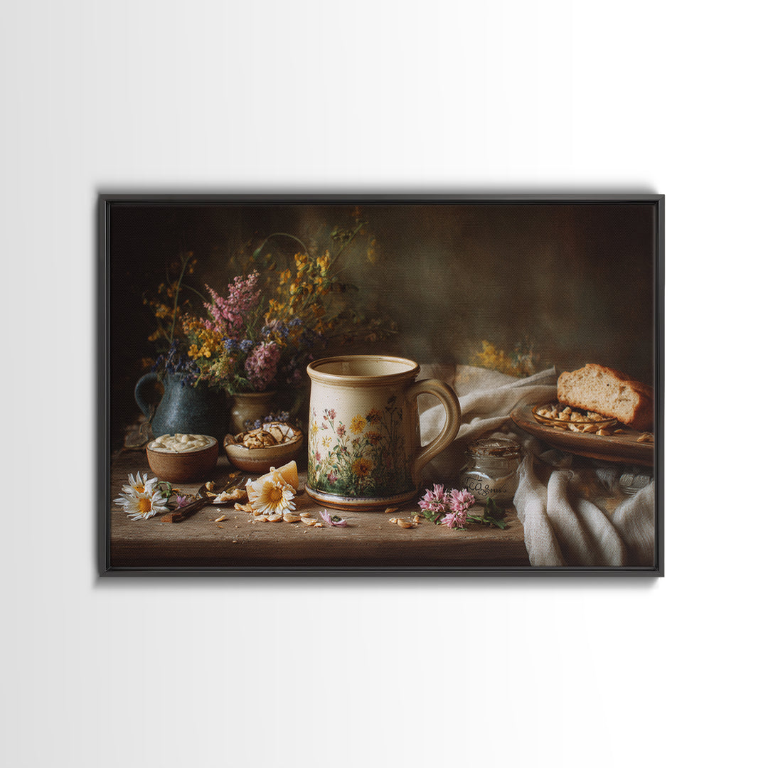 Ceramic Mug with Wildflowers Around It Canvas Print, Coffee Shop Art, Coffee Wall Art, Cafe Decor, Fine Art, Cafe, CSA-3x2-44