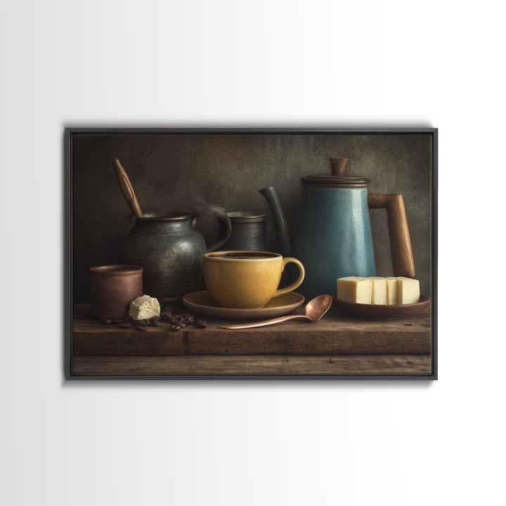 Moody Dark Roast Still Life Framed Canvas Print, Coffee Shop Art, Textured Painting, Cafe Decor, Fine Art, Cafe, Kitchen Decor, CSA-3x2-60