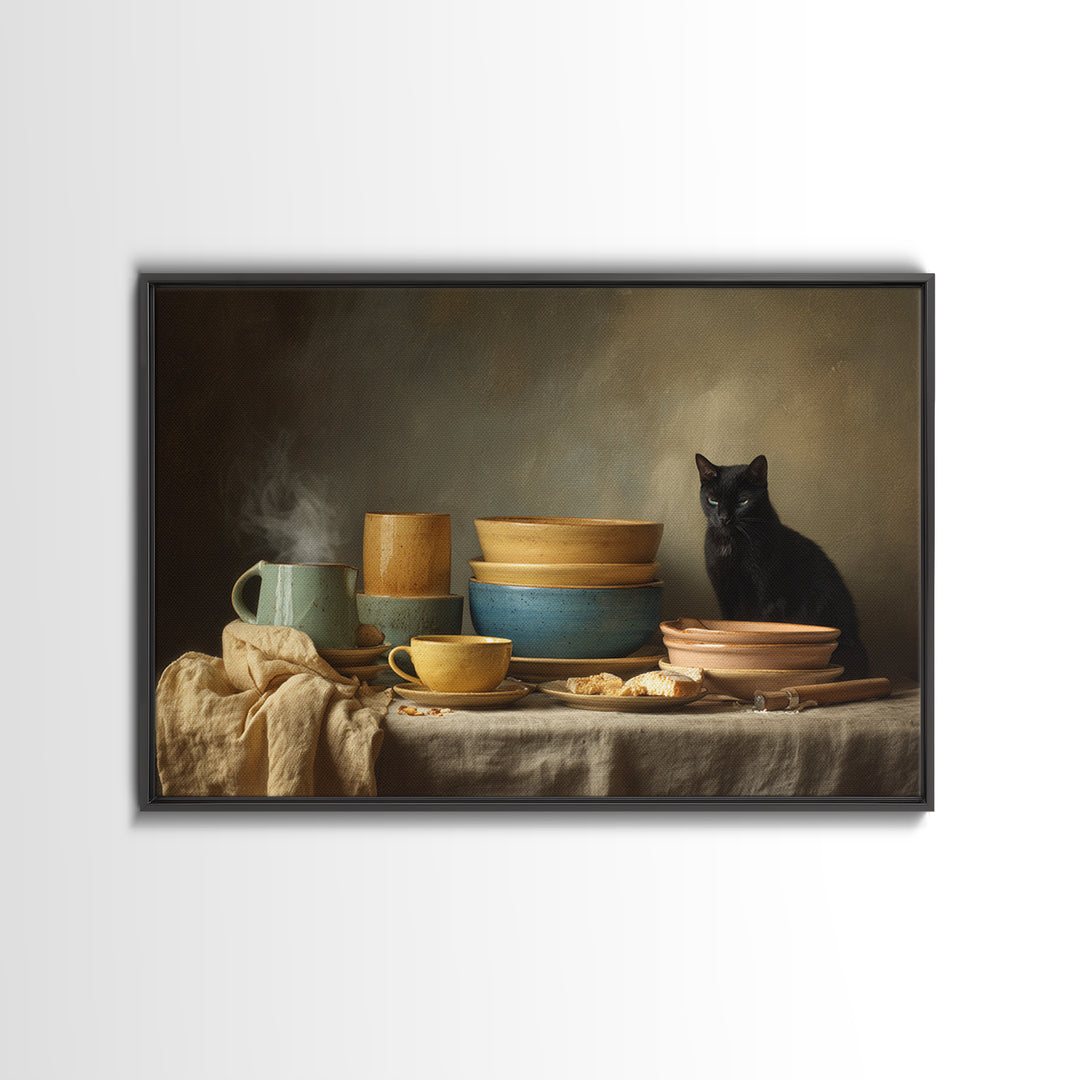 Black Cat Beside a Steaming Cup Canvas Print, Coffee Shop Art, Canvas Print, Cafe Decor, Fine Art, Cafe, Neutral Decor, CSA-3x2-66