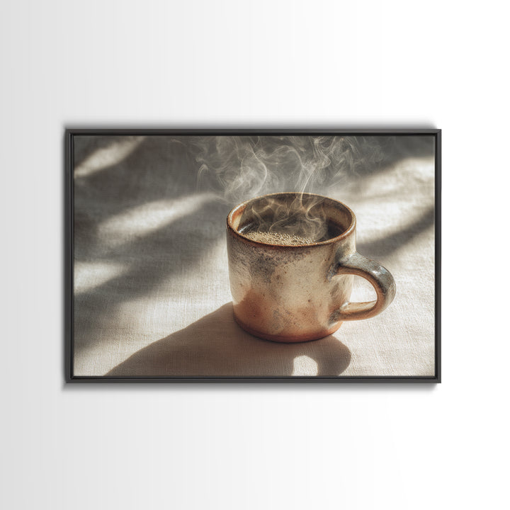 Espresso Cup with Rising Steam and Warm Framed Canvas Print, Coffee Shop Art, Room Decor, Cafe Decor, Fine Art, Cafe, CSA-3x2-77