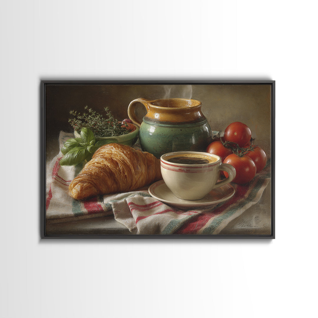 Croissant and Cappuccino on Striped Cloth Framed Canvas Print, Coffee Shop Art, Fine Art Print, Cafe Decor, Fine Art, Cafe, CSA-3x2-81