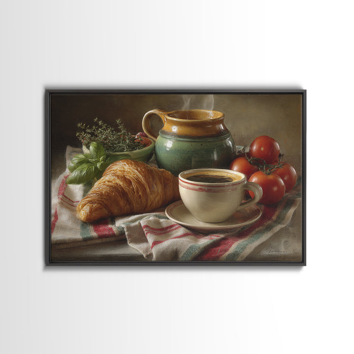 Croissant and Cappuccino on Striped Cloth Framed Canvas Print, Coffee Shop Art, Fine Art Print, Cafe Decor, Fine Art, Cafe, CSA-3x2-81