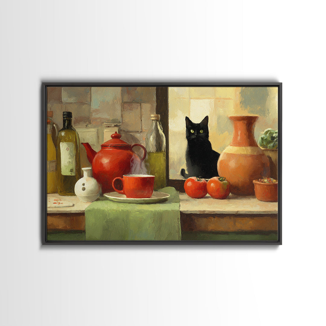 Black Cat Beside a Steaming Cup Framed Canvas Print, Coffee Shop Art, Moody Wall Art, Cafe Decor, Fine Art, Cafe, Luxury Decor, CSA-3x2-90