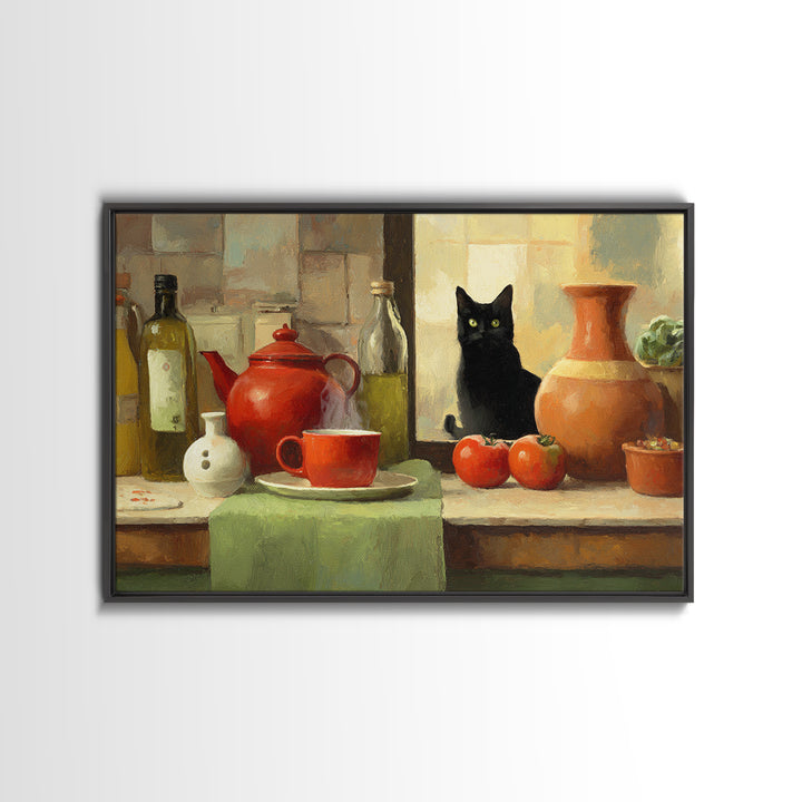 Black Cat Beside a Steaming Cup Framed Canvas Print, Coffee Shop Art, Moody Wall Art, Cafe Decor, Fine Art, Cafe, Luxury Decor, CSA-3x2-90