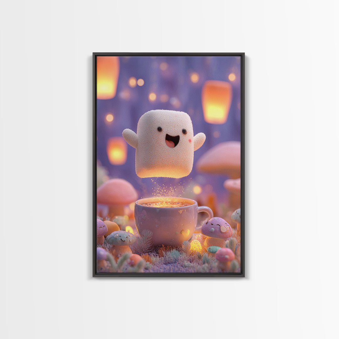 The Marshmallow Ghost, Kids Halloween Decor, Vertical Wall Art, Canvas Print, Halloween Kids Decor, Whimsical Wall Art, Dark Fantasy Art