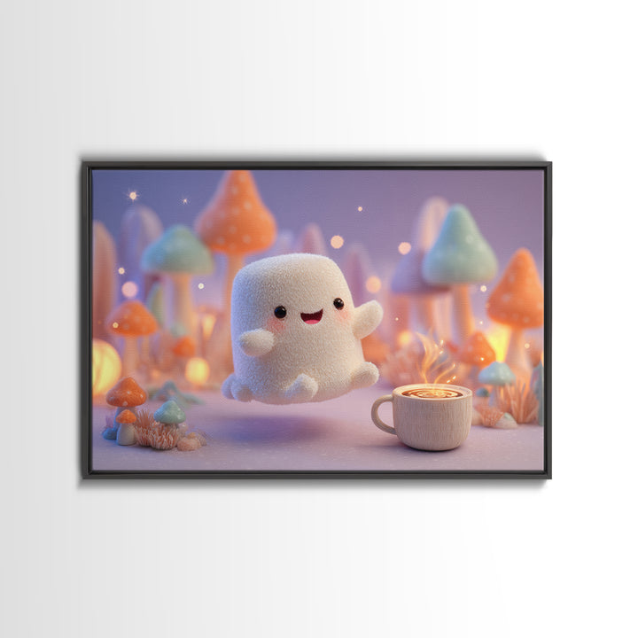 The Marshmallow Ghost, Storybook Halloween Art, Landscape Wall Art, Framed Canvas Print, Halloween Kids Decor, Whimsical Wall Art