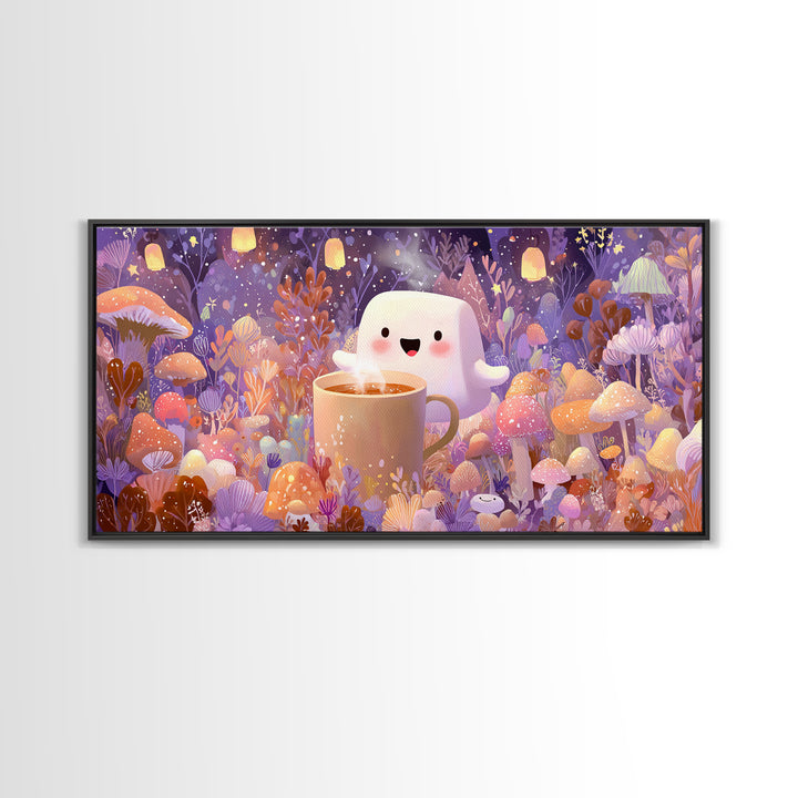 The Marshmallow Ghost, Storybook Halloween Art, Wide Panoramic Art, Canvas Print, Halloween Kids Decor, Whimsical Wall Art