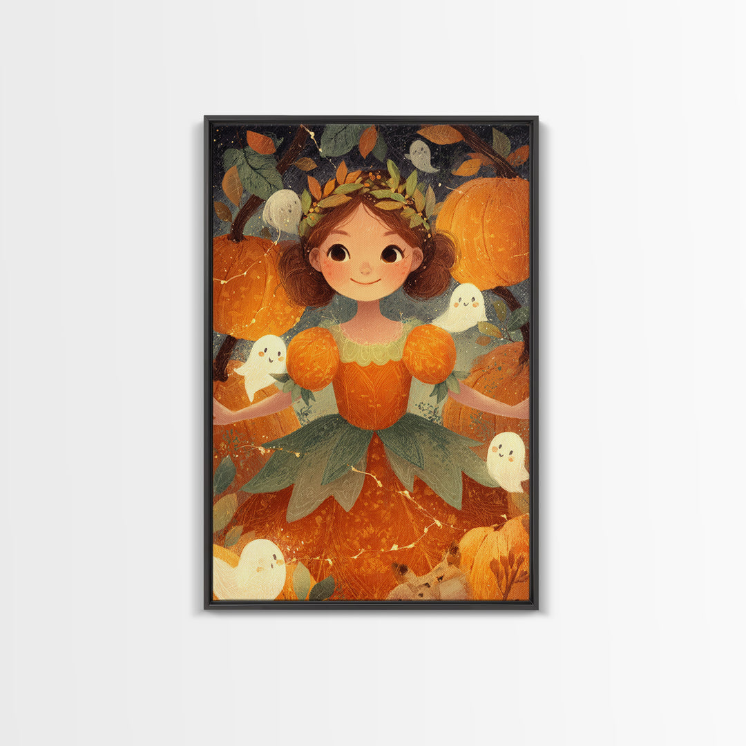 The Pumpkin Princess, Cute Spooky Wall Art, Vertical Wall Art, Canvas Print, Halloween Kids Decor, Whimsical Wall Art, Spooky Wall Decor