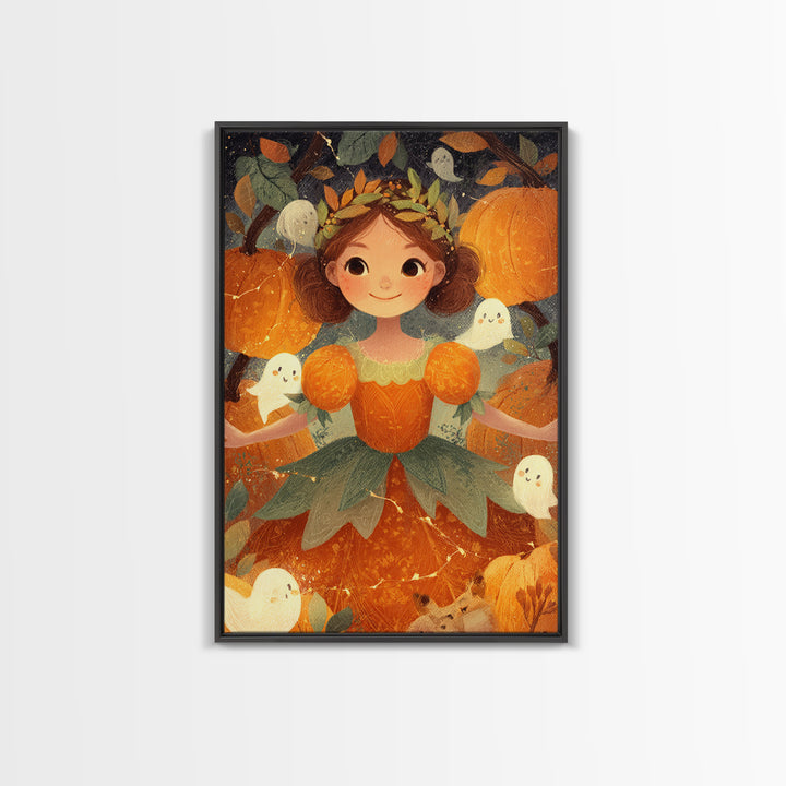The Pumpkin Princess, Cute Spooky Wall Art, Vertical Wall Art, Canvas Print, Halloween Kids Decor, Whimsical Wall Art, Spooky Wall Decor