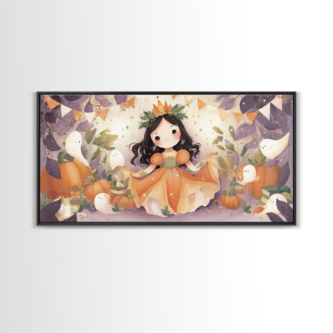 The Pumpkin Princess, Cute Halloween Wall Art, Wide Panoramic Art, Framed Canvas Print, Halloween Kids Decor, Whimsical Wall Art