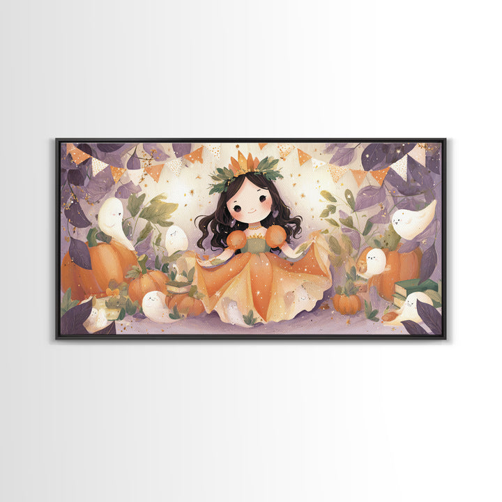 The Pumpkin Princess, Cute Halloween Wall Art, Wide Panoramic Art, Framed Canvas Print, Halloween Kids Decor, Whimsical Wall Art