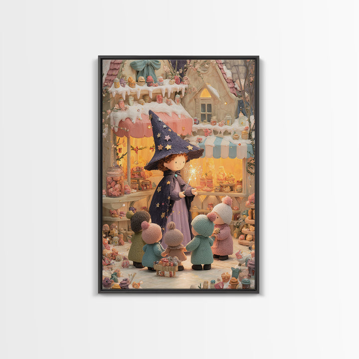 The Little Star Witch, Cute Halloween Wall Art, Vertical Wall Art, Framed Canvas Print, Halloween Kids Decor, Whimsical Wall Art