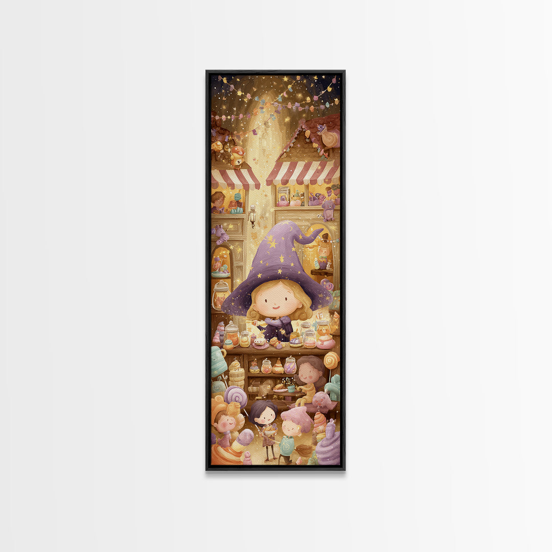 The Little Star Witch, Whimsical Halloween Art, Tall Narrow Wall Art, Framed Canvas Print, Halloween Kids Decor, Whimsical Wall Art