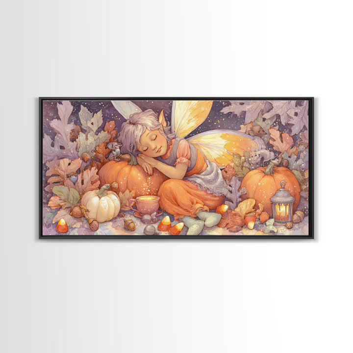 The Candy Corn Fairy, Storybook Halloween Art, Wide Panoramic Art, Canvas Print, Halloween Kids Decor, Whimsical Wall Art