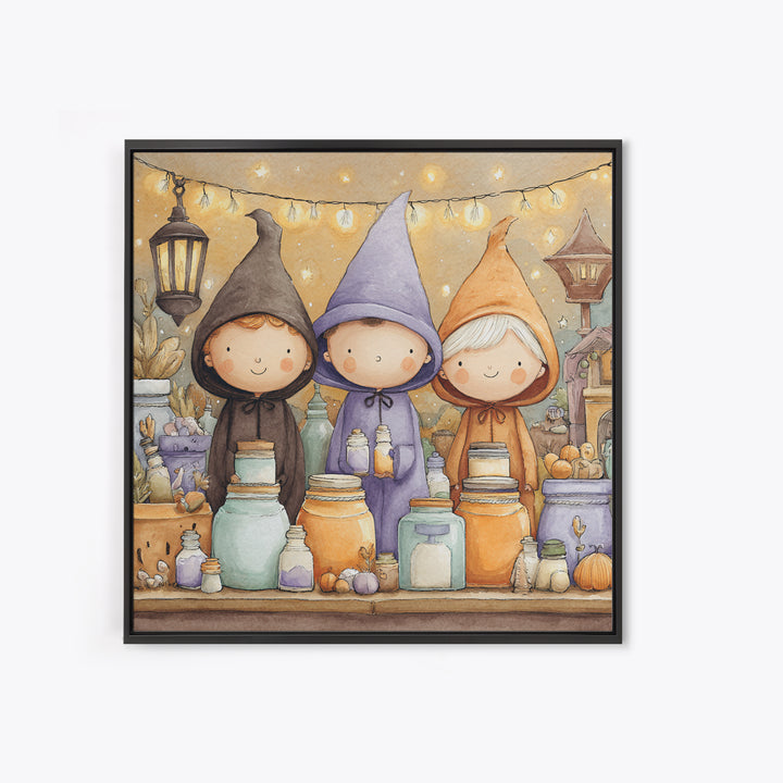 The Moonbeam Wizard, Storybook Halloween Art, Square Wall Art, Framed Canvas Print, Halloween Kids Decor, Whimsical Wall Art