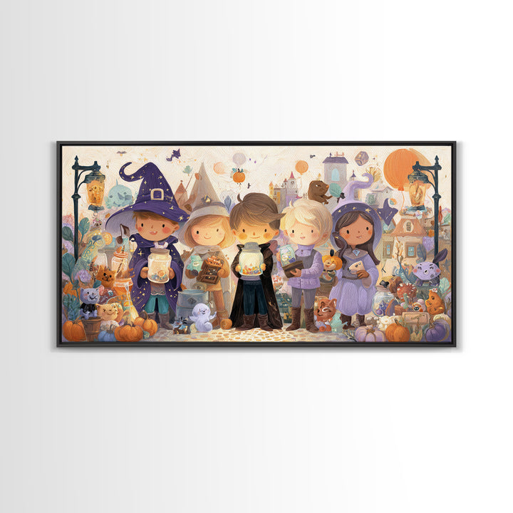 The Moonbeam Wizard, Whimsical Halloween Art, Wide Panoramic Art, Canvas Print, Halloween Kids Decor, Whimsical Wall Art, Horror Wall Art