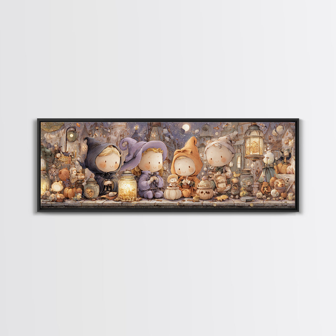 The Moonbeam Wizard, Whimsical Halloween Art, Extra Wide Wall Art, Framed Canvas Print, Halloween Kids Decor, Whimsical Wall Art