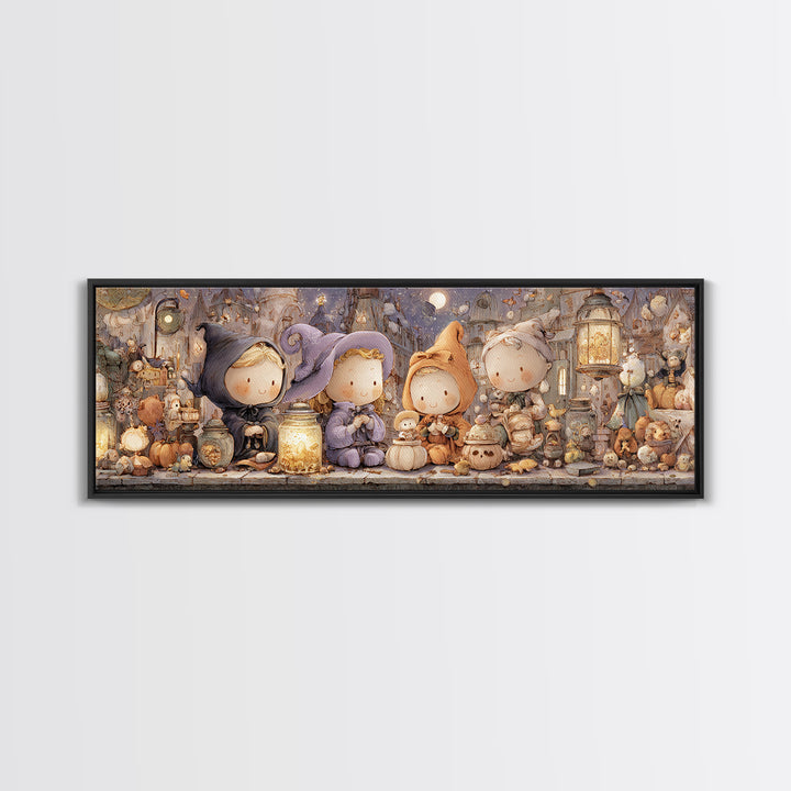 The Moonbeam Wizard, Whimsical Halloween Art, Extra Wide Wall Art, Framed Canvas Print, Halloween Kids Decor, Whimsical Wall Art