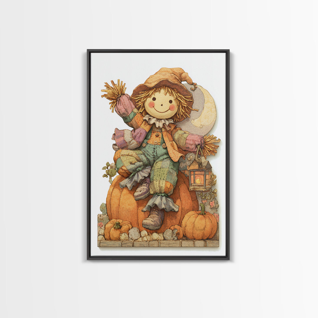 The Button-Nosed Scarecrow, Whimsical Halloween Art, Vertical Wall Art, Canvas Print, Halloween Kids Decor, Whimsical Wall Art