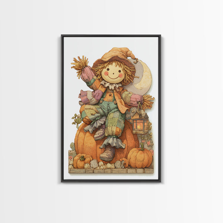 The Button-Nosed Scarecrow, Whimsical Halloween Art, Vertical Wall Art, Canvas Print, Halloween Kids Decor, Whimsical Wall Art