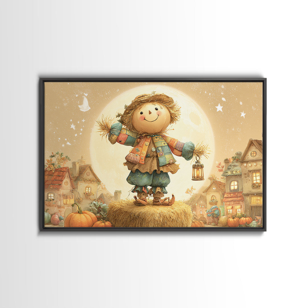 The Button-Nosed Scarecrow, Cute Spooky Wall Art, Landscape Wall Art, Canvas Print, Halloween Kids Decor, Whimsical Wall Art
