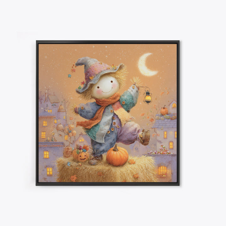 The Button-Nosed Scarecrow, Storybook Halloween Art, Square Wall Art, Canvas Print, Halloween Kids Decor, Whimsical Wall Art