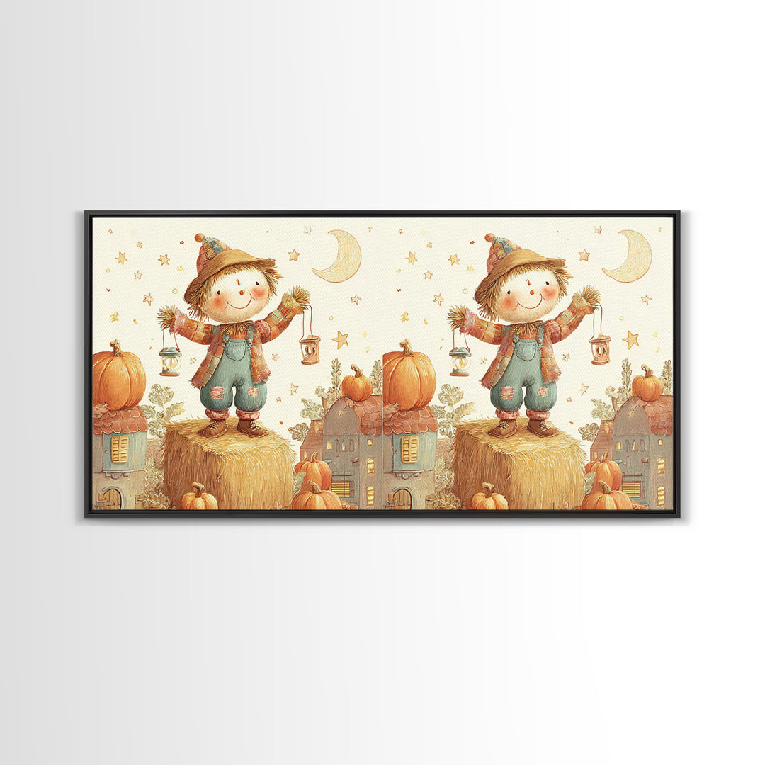 The Button-Nosed Scarecrow, Cute Halloween Wall Art, Wide Panoramic Art, Canvas Print, Halloween Kids Decor, Whimsical Wall Art