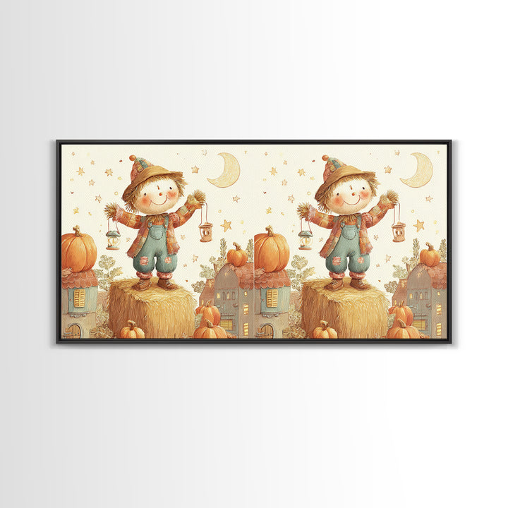 The Button-Nosed Scarecrow, Cute Halloween Wall Art, Wide Panoramic Art, Canvas Print, Halloween Kids Decor, Whimsical Wall Art