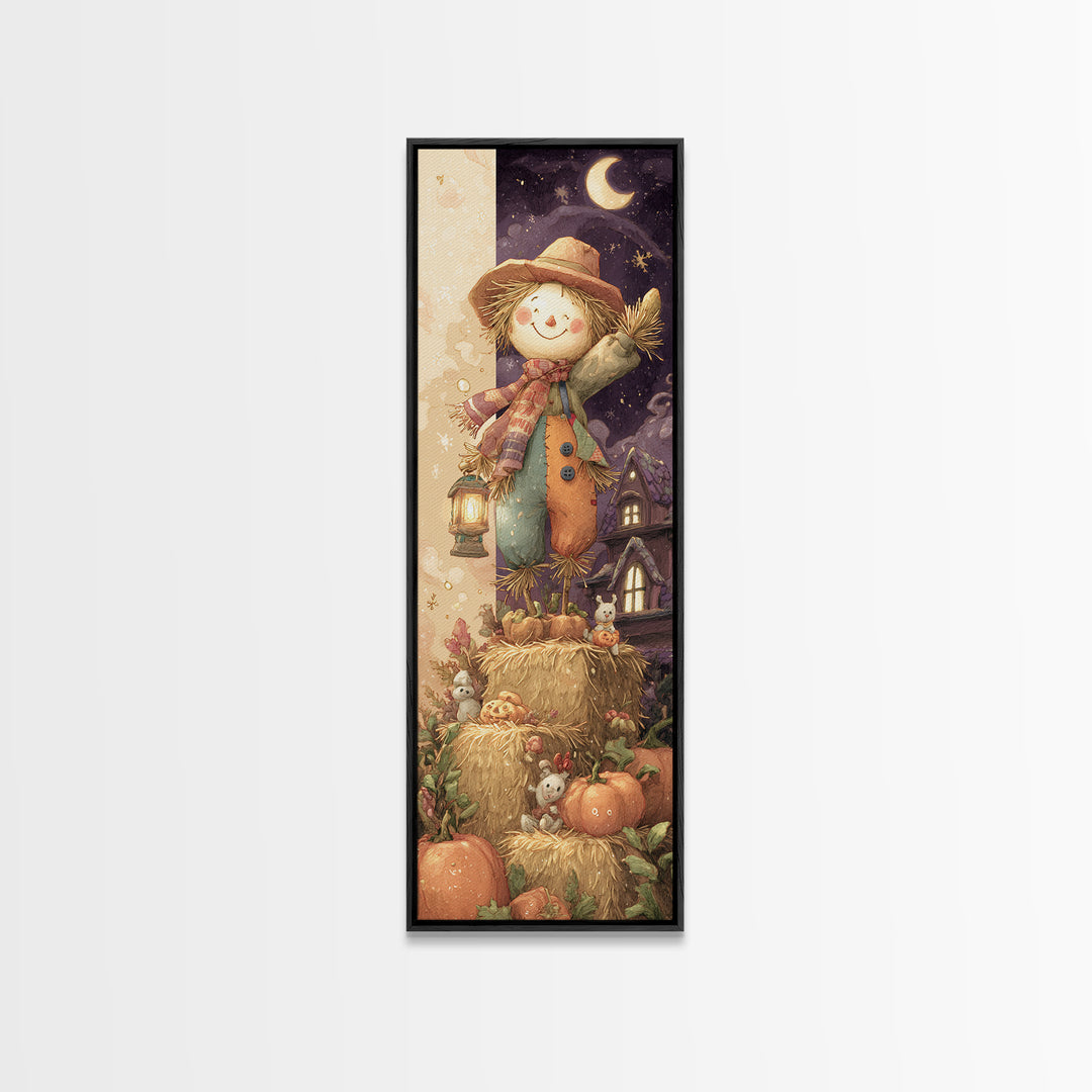 The Button-Nosed Scarecrow, Whimsical Halloween Art, Tall Narrow Wall Art, Canvas Print, Halloween Kids Decor, Whimsical Wall Art
