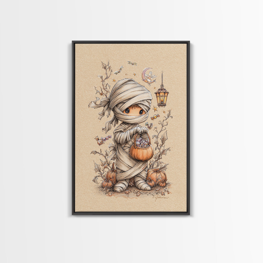 The Shy Little Mummy, Hand Sketch Halloween Art, Vertical Wall Art, Canvas Print, Cute Halloween Wall Art