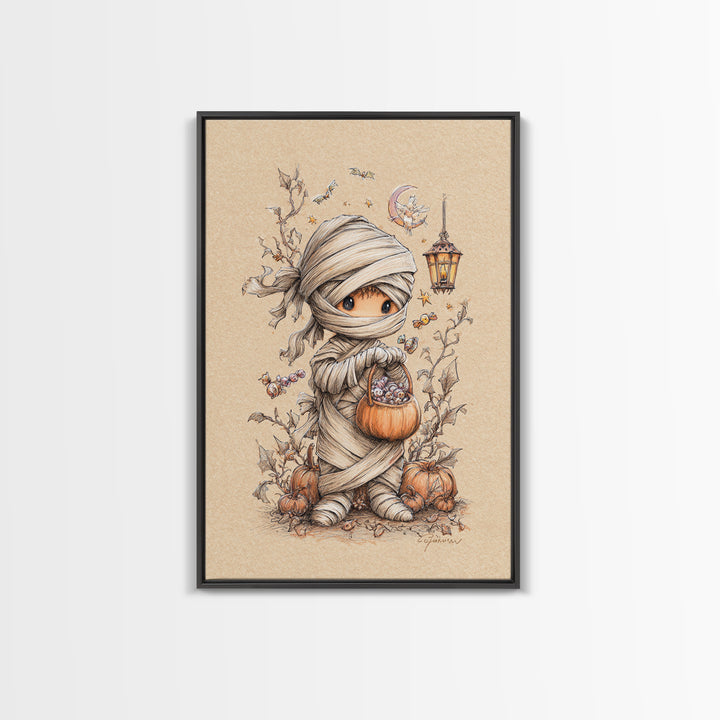 The Shy Little Mummy, Hand Sketch Halloween Art, Vertical Wall Art, Canvas Print, Cute Halloween Wall Art