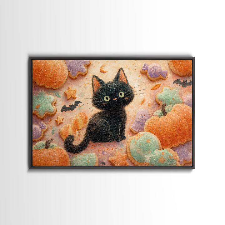 The Black Cat Baker, Watercolor Halloween Art, Landscape Wall Art, Framed Canvas Print, Cute Halloween Wall Art