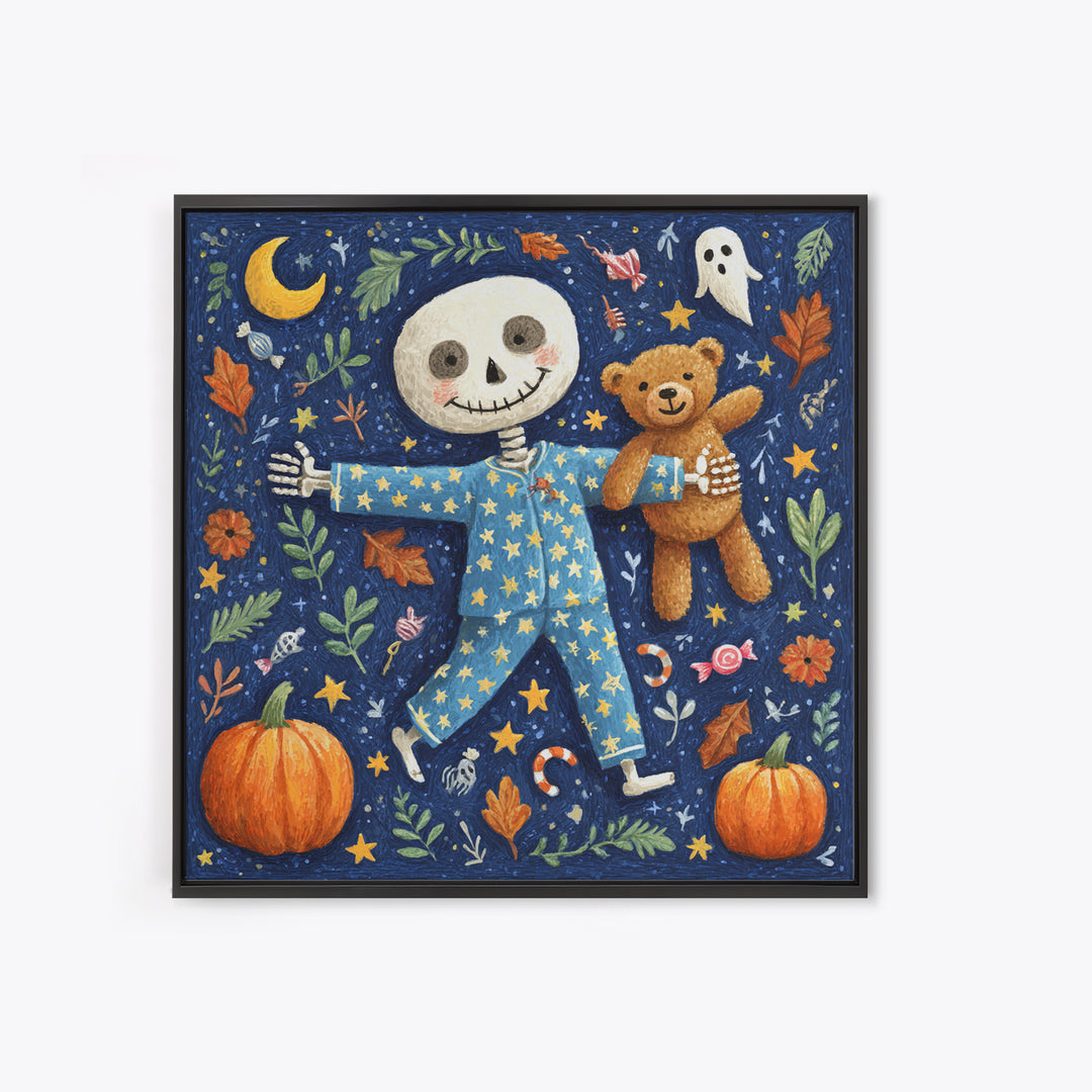 The Pajama Skeleton, Gouache Halloween Art, Square Wall Art, Canvas Print, Cute Halloween Wall Art, Halloween Kids Decor