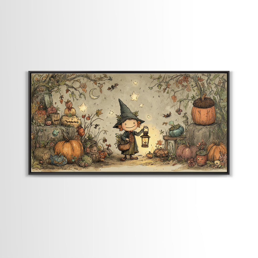 The Acorn Goblin, Crayon Halloween Art, Wide Panoramic Art, Framed Canvas Print, Cute Halloween Wall Art