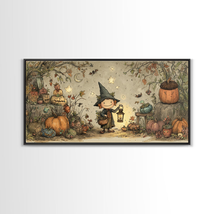 The Acorn Goblin, Crayon Halloween Art, Wide Panoramic Art, Framed Canvas Print, Cute Halloween Wall Art