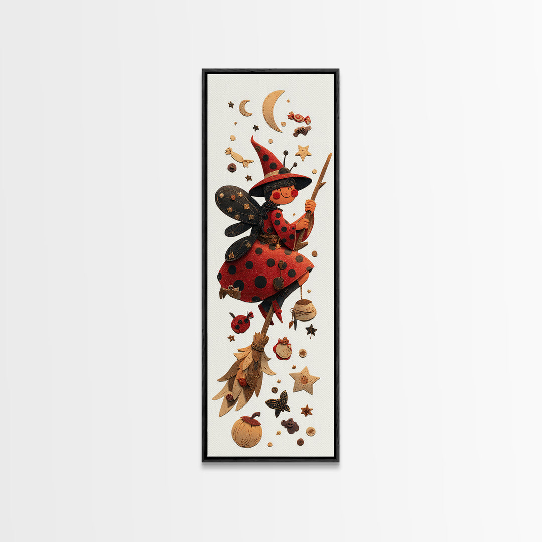 The Ladybug Witch, Paper Collage Halloween, Tall Narrow Wall Art, Framed Canvas Print, Cute Halloween Wall Art