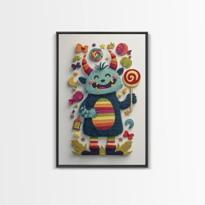 The Rainbow Monster, Felt Halloween Art, Vertical Wall Art, Canvas Print, Cute Halloween Wall Art, Whimsical Nursery Decor