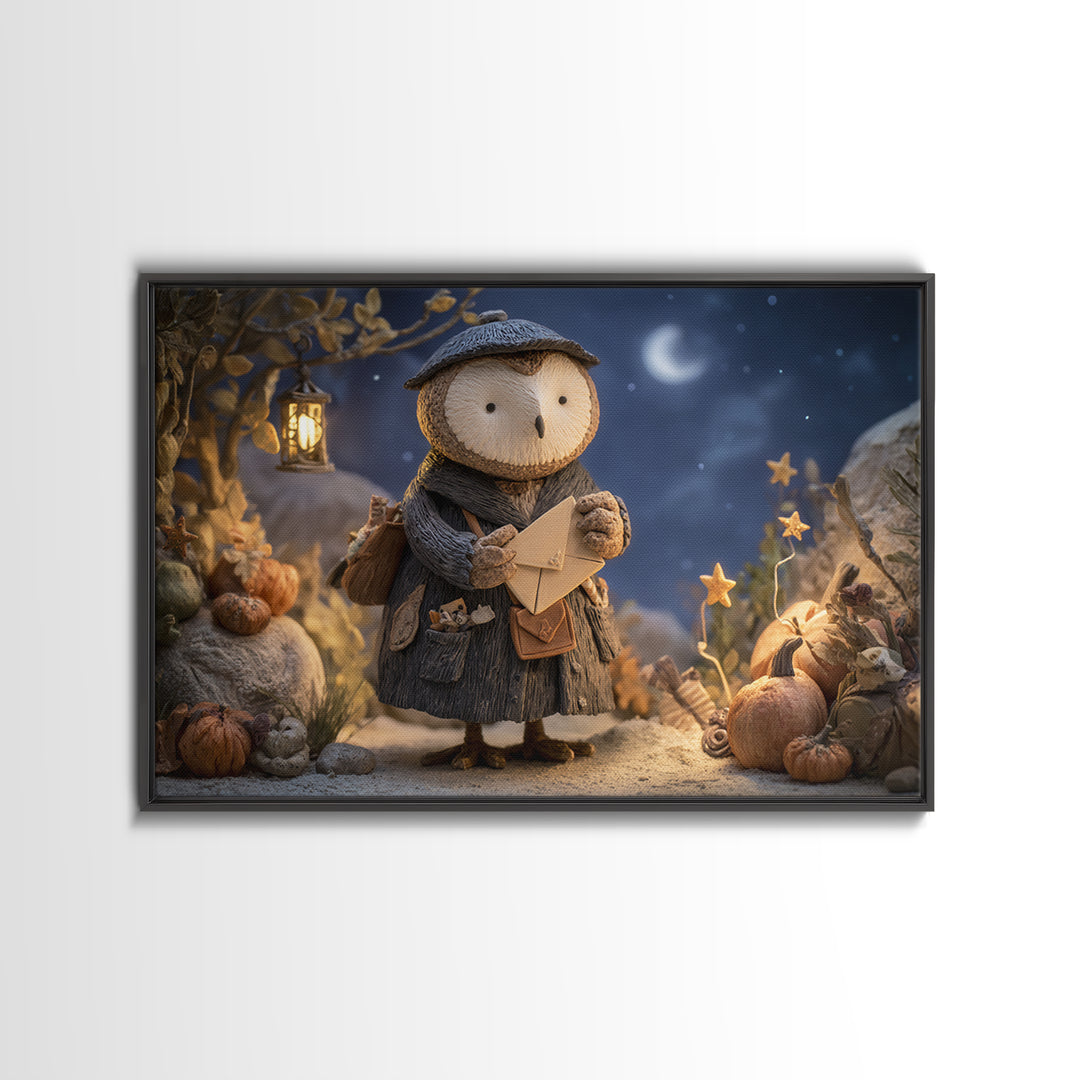 The Owl Postmaster, Clay Halloween Art, Landscape Wall Art, Framed Canvas Print, Cute Halloween Wall Art