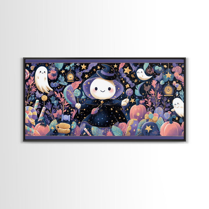 The Star-Cape Magician, Kawaii Halloween Art, Wide Panoramic Art, Framed Canvas Print, Cute Halloween Wall Art