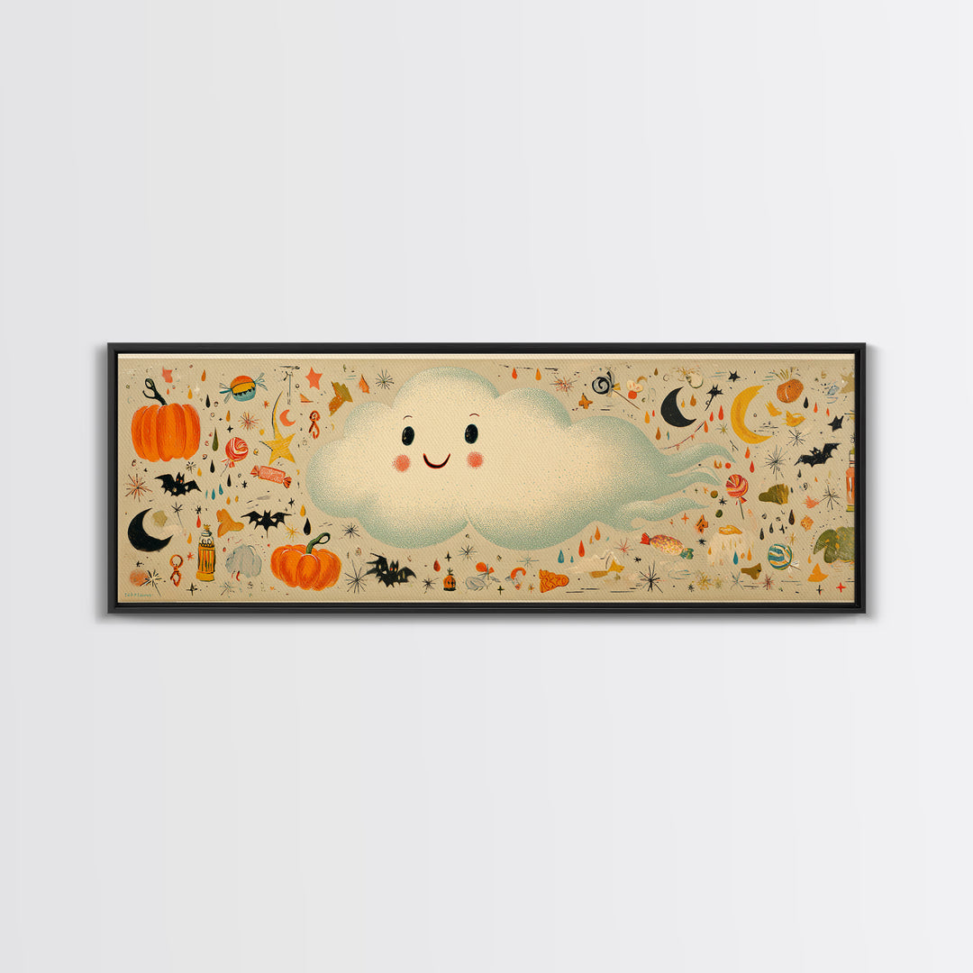 The Cloud Ghost, Retro Halloween Art, Extra Wide Wall Art, Canvas Print, Cute Halloween Wall Art, Cozy Autumn Kids Decor