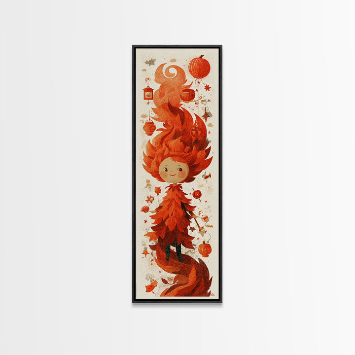The Autumn Leaf Sprite, Screenprint Halloween Art, Tall Narrow Wall Art, Framed Canvas Print, Cute Halloween Wall Art