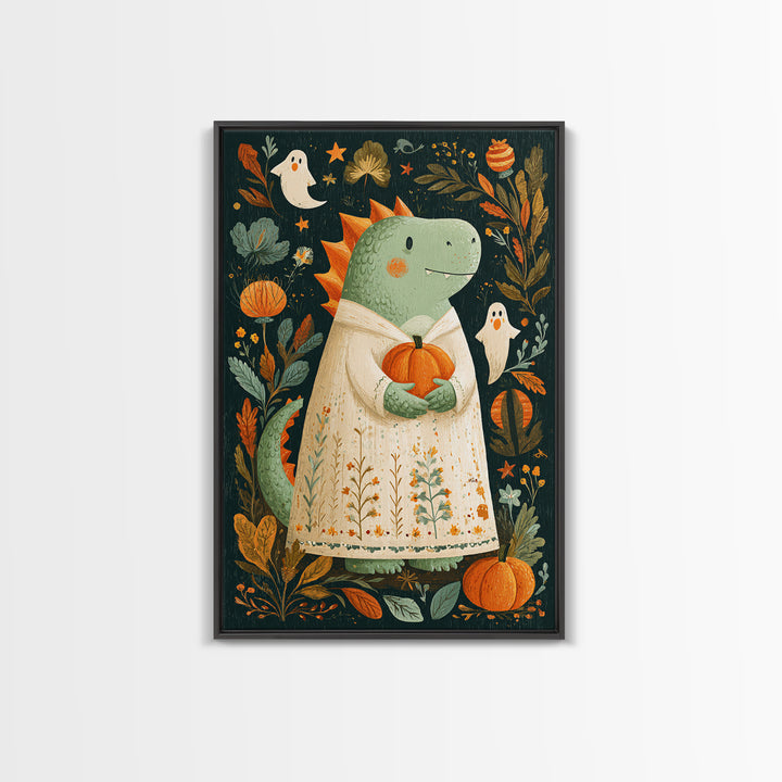 The Sleepy Costume Dragon, Folk Halloween Art, Vertical Wall Art, Canvas Print, Cute Halloween Wall Art