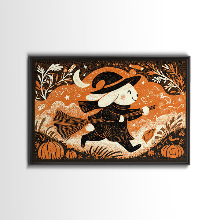 The Bunny Witch, Linocut Halloween Art, Landscape Wall Art, Framed Canvas Print, Cute Halloween Wall Art