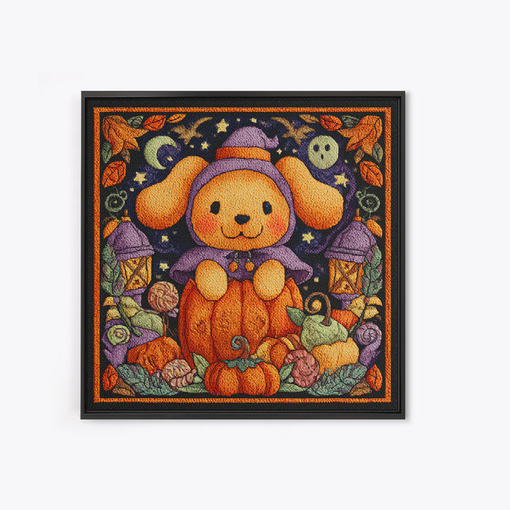 The Pumpkin Puppy, Embroidered Halloween Art, Square Wall Art, Canvas Print, Cute Halloween Wall Art