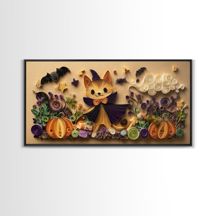 The Kitten Vampire, Quilled Halloween Art, Wide Panoramic Art, Framed Canvas Print, Cute Halloween Wall Art