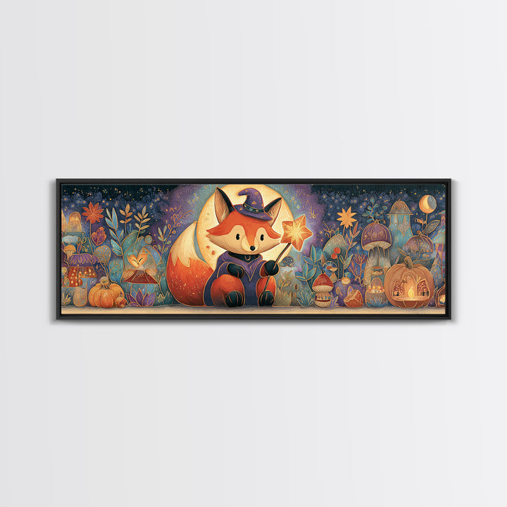 The Fox Wizard, Stained Glass Halloween, Extra Wide Wall Art, Canvas Print, Cute Halloween Wall Art, Cozy Autumn Kids Decor
