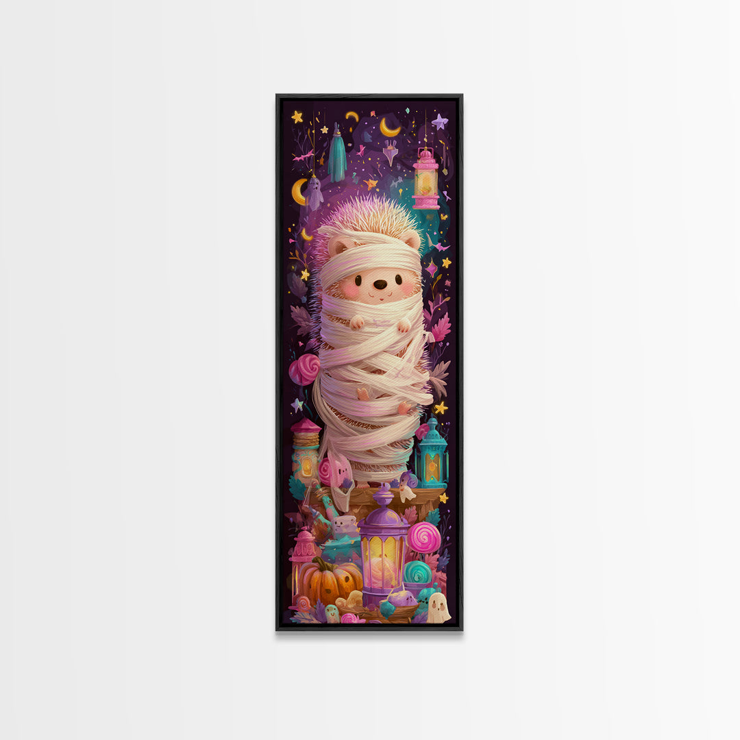 The Hedgehog Mummy, Vaporwave Halloween Art, Tall Narrow Wall Art, Framed Canvas Print, Cute Halloween Wall Art
